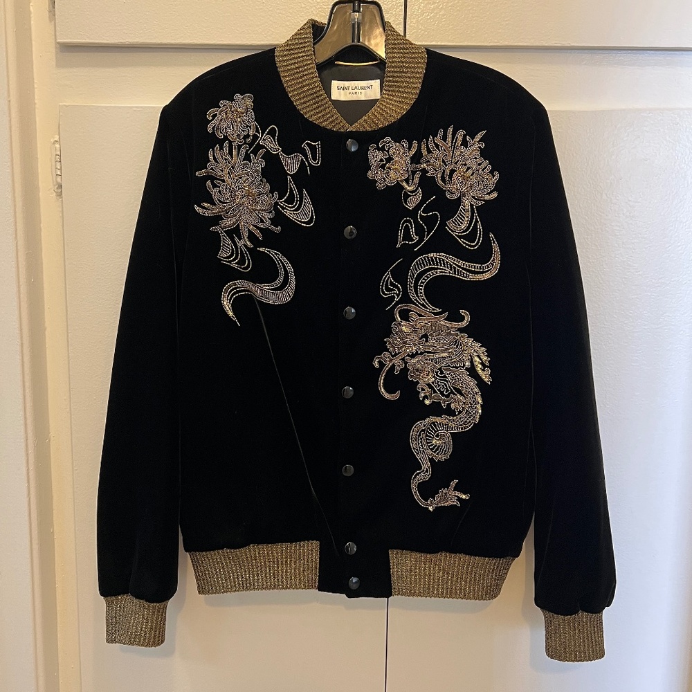 Saint Laurent Velvet Varsity Bomber Jacket - 36